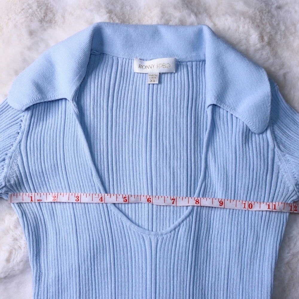 FREE SHIPPING Ronny Kobo Light Blue Ribbed Collared Long Sleeve Top, XS - Picture 6 of 8